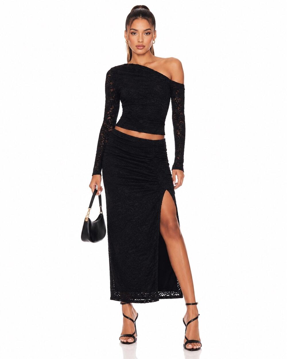 2 pc set Anthropologie NIA Cleo Lace Off-Shoulder Top and Selena Lace Midi Skirt